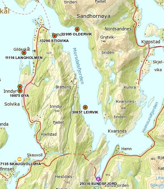 Figure 3: Location of the farm site Oldervika (indicated with black arrow), in Morsdalsfjorden. Map source: Directory of Fisheries 2013.