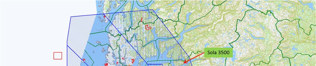 Figur 2 Sola TMA 6 Vurderinger i forhold til Vardafjell vindpark Vindparkenes plassering i forhold til radaranleggene er gitt i tabellen under Vardafjell Stavanger TAR Lifjell Retning/avstand 96