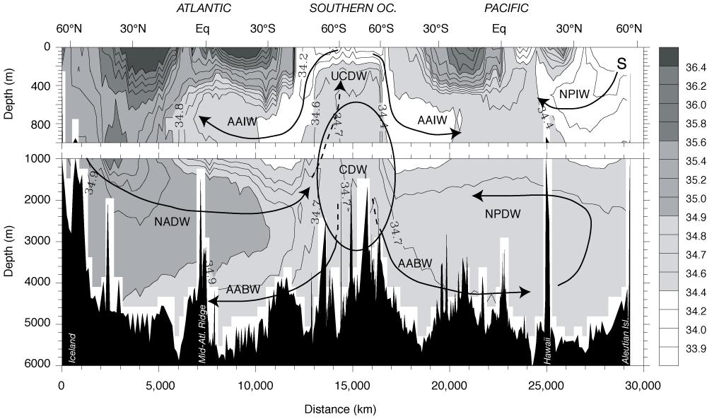 Side 8 av 13 (6e) Observert, vertikal fordeling av salt langs et snitt sørover i Atlanterhavet, østover i Sørishavet og nordover i Stillehavet er vist under (snittet er vist med tykk linje i den
