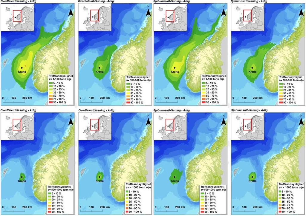 For mengdekategorier >100 tonn olje per 10x10 km rute overstiger ikke sannsynligheten 35 % utenfor det direkte influensområdet nær utslippspunktet.