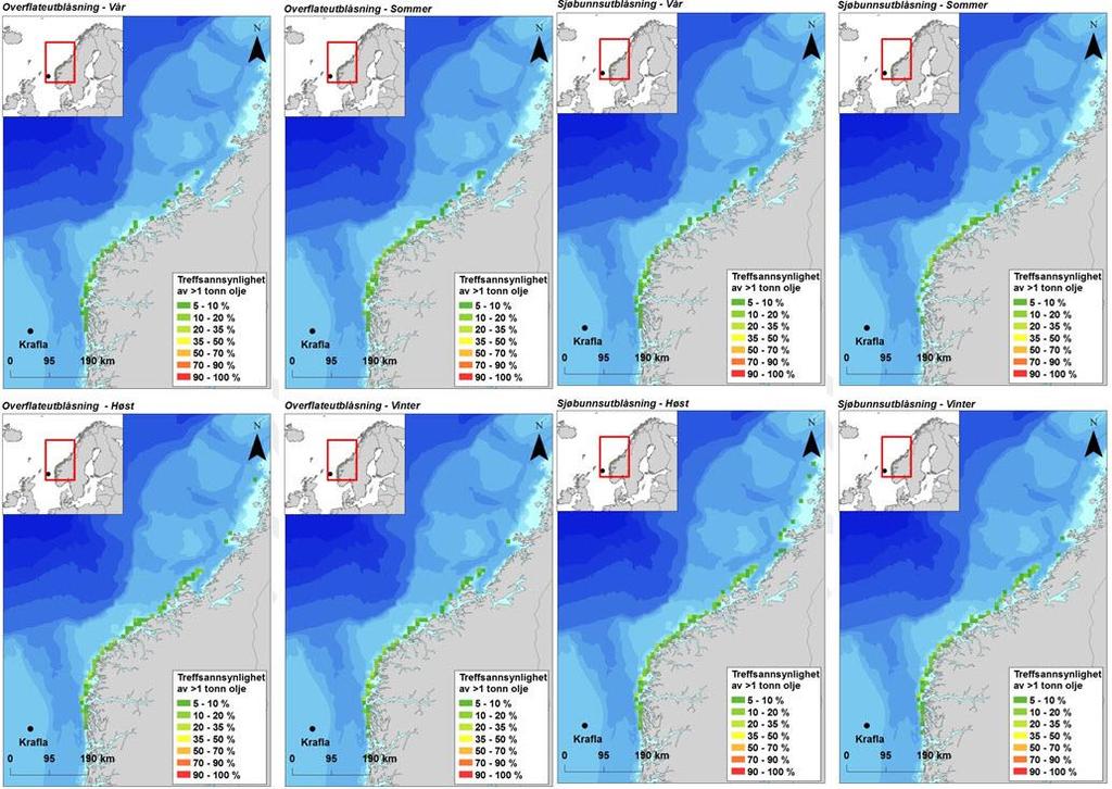 Figur 3-3: Sannsynligheten for treff av mer enn 1 tonn olje i 10 10 km kystruter gitt en overflateutblåsning (venstre) og sjøbunnsutblåsning (høyre) fra letebrønnen Krafla Main Statfjord, presentert