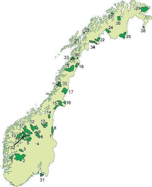 Nasjonalparkar i Noreg Ligg stort sett utanom busetnaden, er prega av liten økonomisk bruk av arealet, og har sterke bruksrestriksjonar Dei fleste ligg i fjellet Fleire marine økosystem er innlemma I