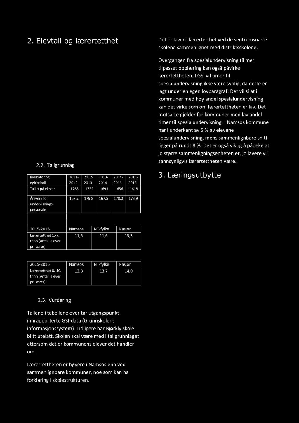 2. Elevtall og lærertetthet Kommunalt mål hentet fra hovedmål1. Dentilpassedeopplæringenskalhahøyprioritet oglærertetthetenmå dermedværetilstrekkelig.