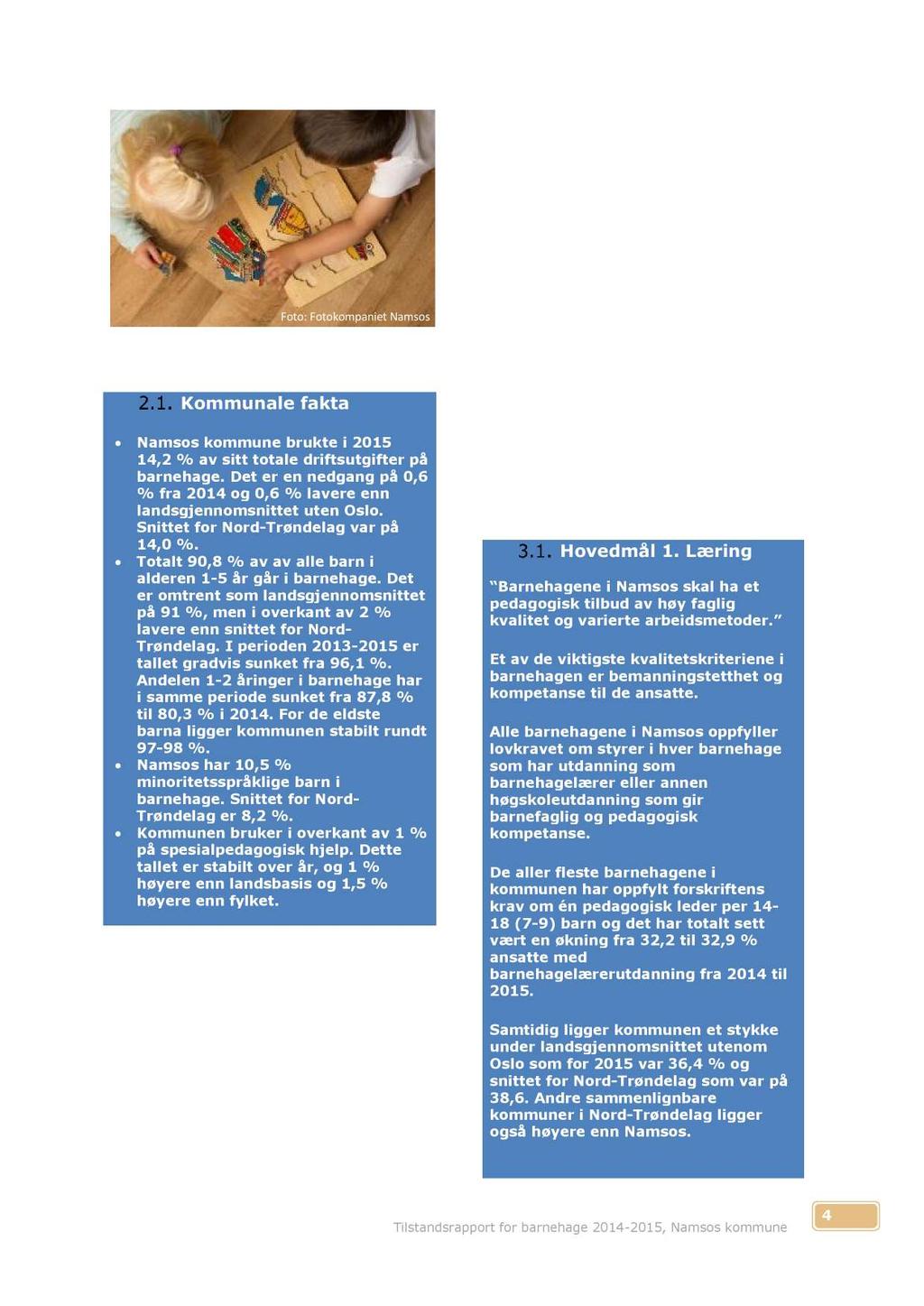 2. Barnehagefakta Kommunale fakta Namsos kommune brukte i 2015 14,2 % av sitt totale driftsu tgifter på barn ehage.