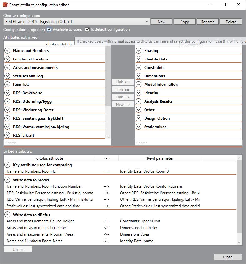 Berikelse, høsting og bearbeiding av data Eksamen BIM-Tekniker 2016 drofus Linking av rom til DRofus. Romprogram modulen til drofus er et verktøy for å holde oversikt, og gi krav til rom i modellen.
