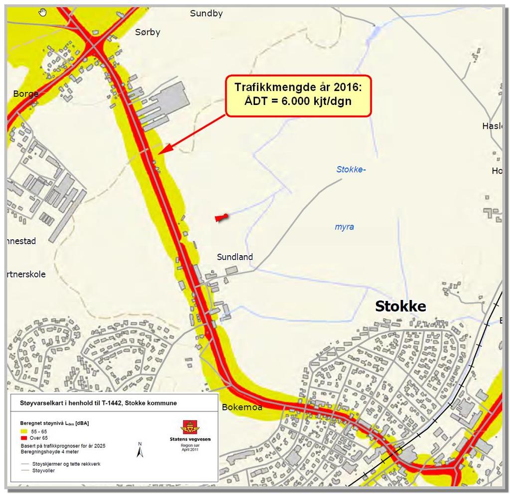 Veitrafikkstøy Mht. veitrafikkstøy, så er det utarbeidet støysonekart for år 2025 i regi av Statens vegvesen. Det er ukjent hvilken ÅDT som inngår i beregningene. Dagens ÅDT på fv.