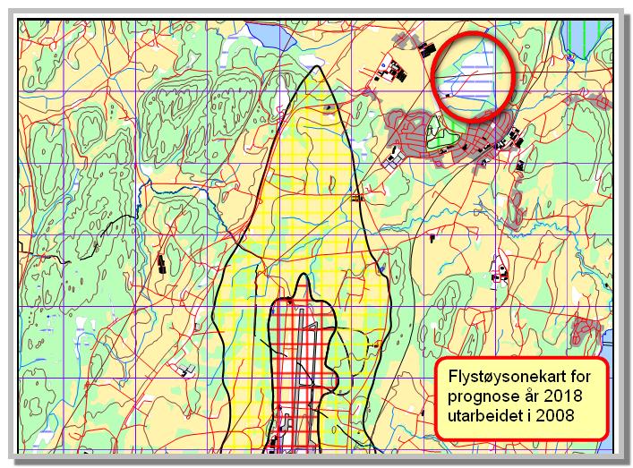 Figur 5.2. Flystøysonekart for Torp Sandefjord lufthavn Prognoseår 2018 Viser gul og rød støysone. Antatte problemstillinger Det skal bygges store industrihaller med stort energibehov.