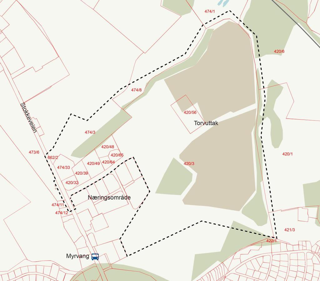 Figur 2.2 Berørte eiendommer foreløpig. Svart stiplet linje viser planavgrensning. Planavgrensningen kan bli redusert.