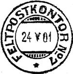 VERDALSØREN / FELTPOSTKONTOR NR 7 VERDALSØREN / FELTPOSTKONTOR NR 7 på Værdalsøren, under felttjenesteøvelser, var i virksomhet i tiden 29.08. 06.09.1901 (Nordpartiet). Stempel nr.