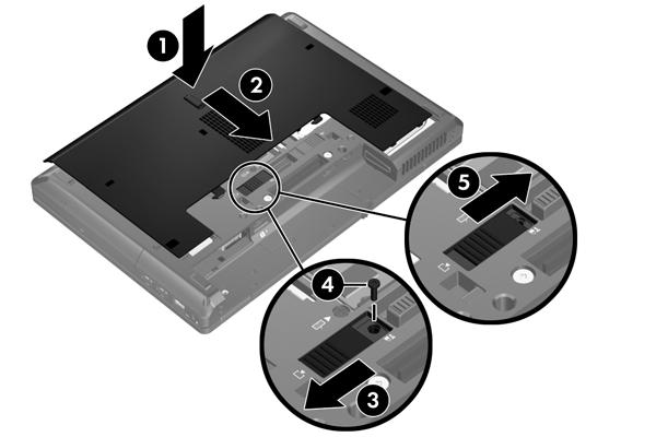 4. Med batteribrønnen mot deg skyver du bunndekselutløseren mot venstre (3) og hvis du ønsker det, kan du sette inn og skru til den valgfrie skruen (4) for å holde bunndekselet på plass.