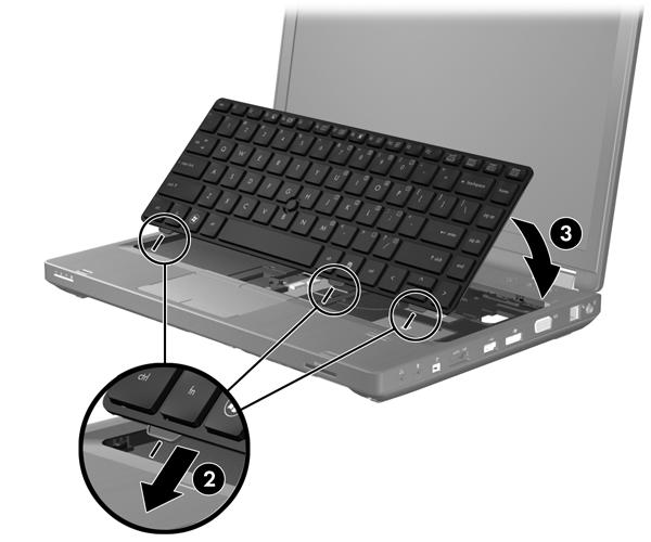 c. Trykk forsiktig på tastaturet (3), slik at det smekker på plass. d. Snu datamaskinen opp-ned og fest tastaturskruene (4) for å låse tastaturet på plass. 9.