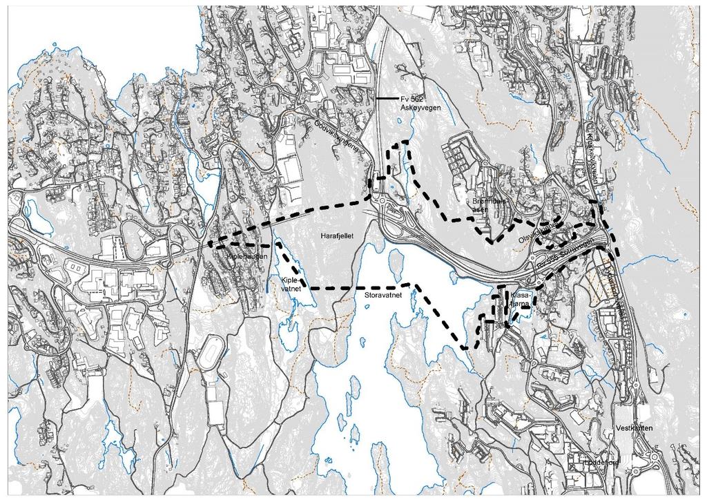 3 Kiplevatnet og langt bedre kontakt med det nord-sørgående turvegen i Kipledalen enn vist løsning i vedtatt reguleringsplan.