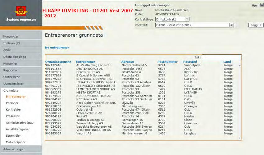 Del II - For Statens vegvesen 24 1.1.2 Legge inn nye entreprenører Nye entreprenører legges inn og ajourholdes i skjermbildet Grunndata Entreprenør.