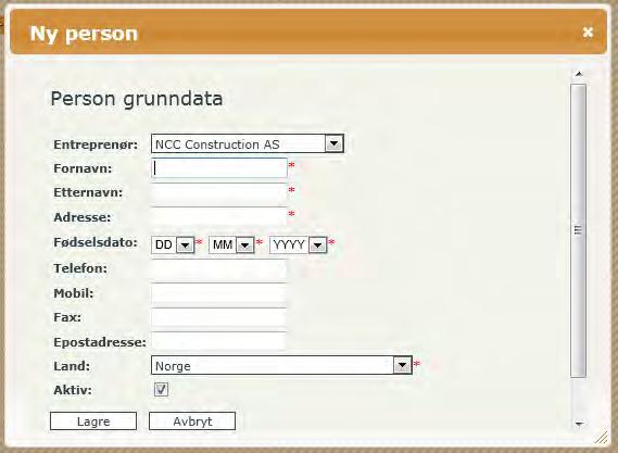 Del II - For Statens vegvesen 26 Klikk på linken Ny person åpner følgende skjermbilde for registrering: