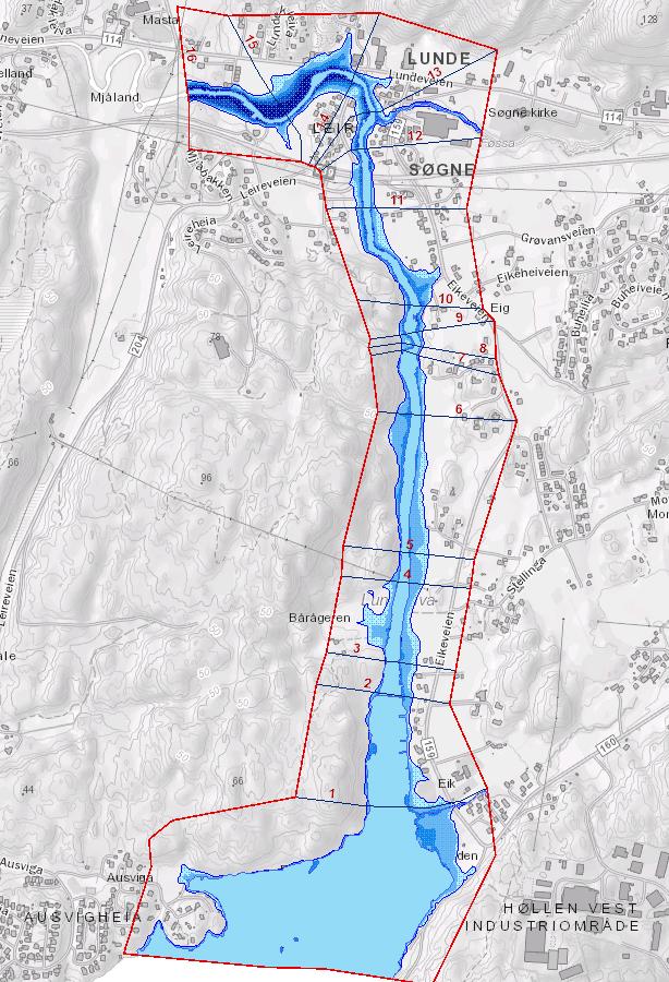 Figur 4-3 Flomsonekart for en 1000-årsflom i Lundeelva.