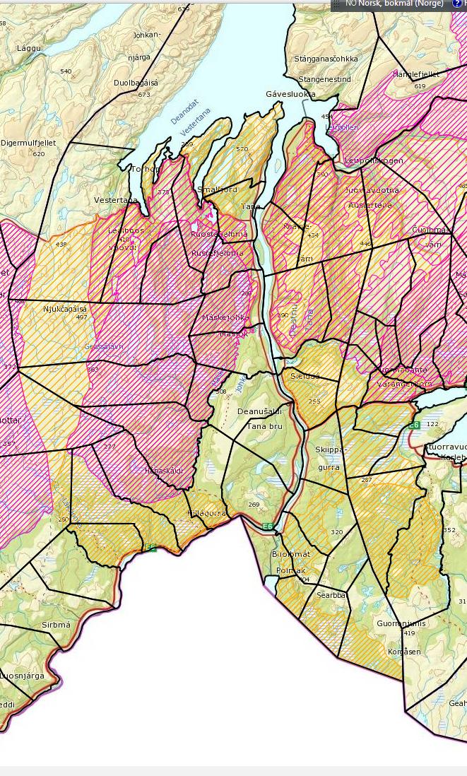 Kart: Utdrag fra www.nordatlas.no som viser overlapping over høstbeite/høstvinterbeite i reindriften og elgjaktfelt (svarte linjer).