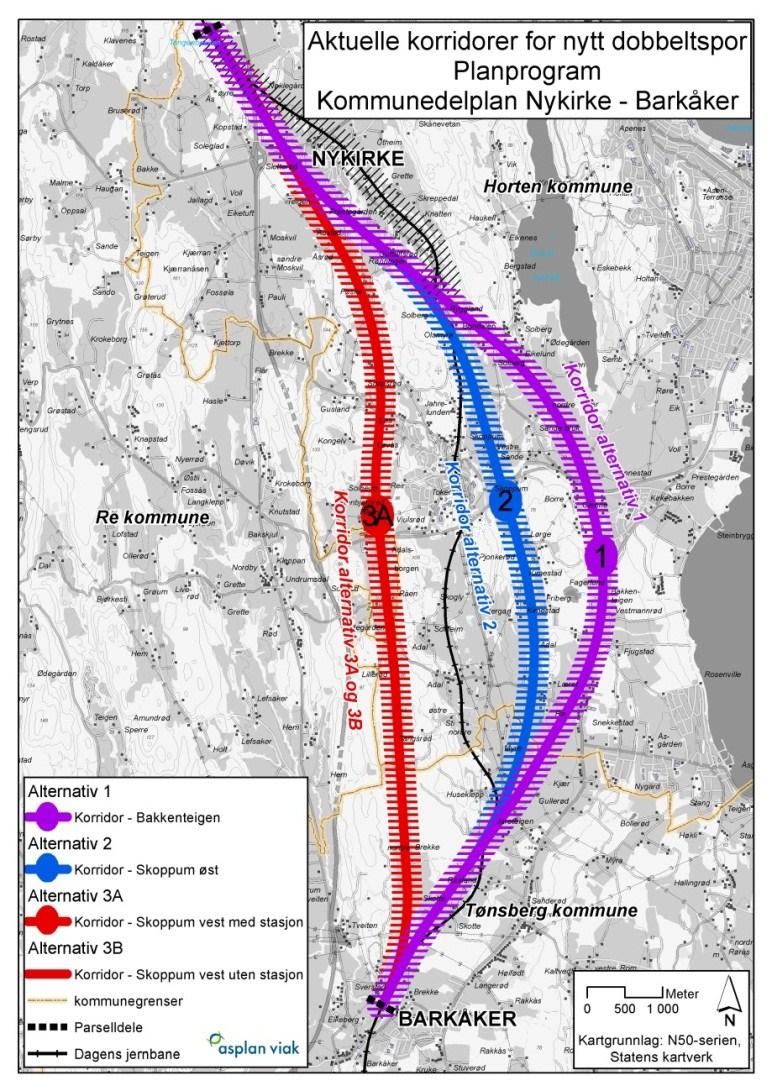 Dobbeltspor Nykirke Barkåker Skal tas i bruk i 2023 ihht NTP Plan- og bygningsloven Tre korridorer fra KVU for IC og fire alternativer Alt.