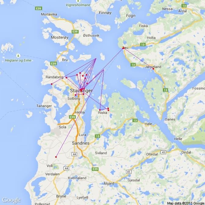 Fig. 3. Lokale observasjoner av unge gråmåker fargemerket på Hidlekjeøy og Horge i 2013 og 2014.