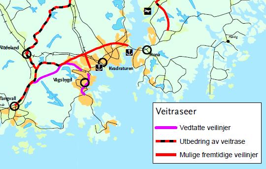 Figur 4. Kartet viser vegtraséer rundt Kristiansand, slik de er vist i Regional plan for Kristiansandsregionen. Mulig ny veg er vist gjennom Ledningedalen (ill.
