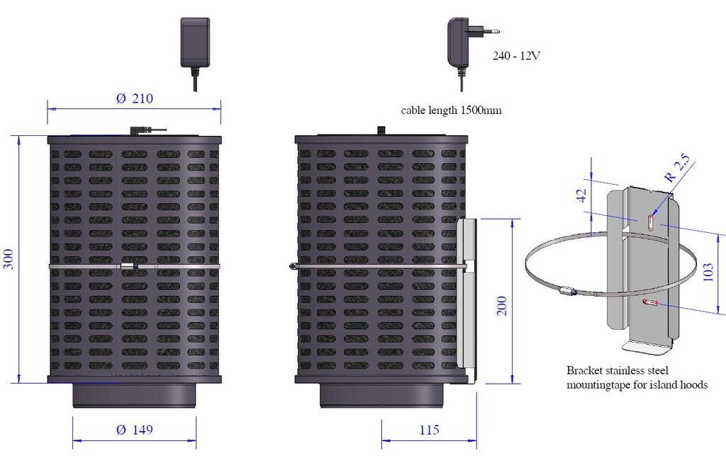 10. TEKNISK DATABLAD Karakteristika Modell Varemerke Leverandør Dimensjon Farge Kontrollpanel Vedlikehold Materiale utvendig filter Diameter ytre inntak Passer for alle motorer inntil Spenning LED