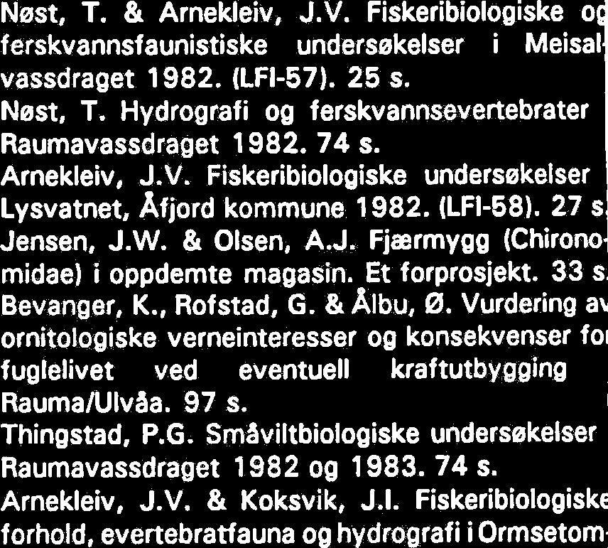 Kjemiske og biologisk undersekelser i Hammervatnet, Nord-Trendela sommeren 1981. (LFI-54). 27 s. Thingstad, P.G. & Nygard, T. Ornitologiske unde sekelser i Sanddela- og Luruvassdragene.