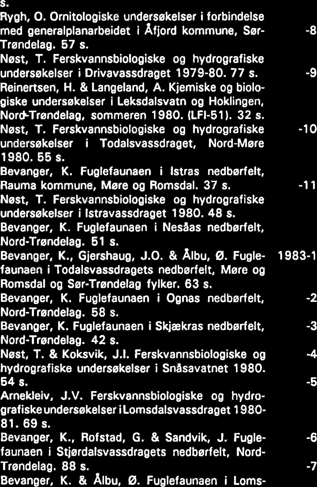 Kjemiske og biologiske undersekelser i Leksdalsvatn og Hoklingen, Nord-Trendelag, sommeren 1980. (LFI-51). 32 s. Nøst, T.