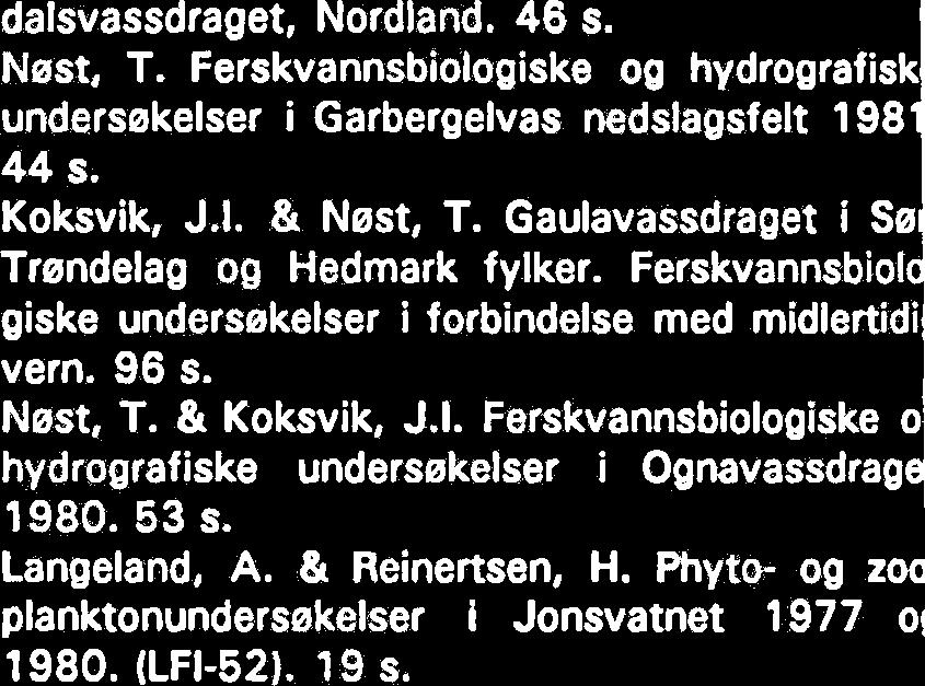 Ferskvannsbiologiske og hydrografiske undersekelser i Istravassdraget 1980. 48 s. Bevanger, K. Fuglefaunaen i Nesaas nedberfelt, Nord-Trendelag. 51 s. Bevanger, K., Gjershaug, J.O. & Albu, 0.
