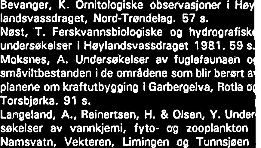 42 s. Nest, T. & Koksvik, J.I. Ferskvannsbiologiske og -4 hydrografiske undersekelser i SnAsavatnet 1980. 54 s. -5 Arnekleiv, J.V.