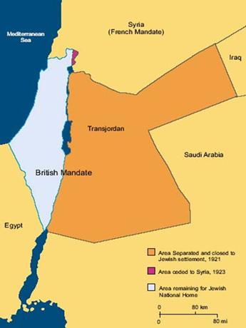 I strid med mandatet delte Storbritannia i 1921 området og gav bort 77% til Hashemittene, dette førte til opprettelsen av staten