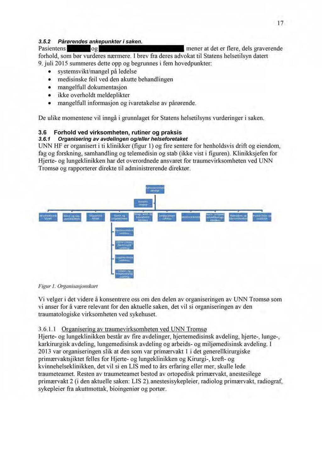 17 3.5.2 Pårørendes ankepunkter i saken. Pasientens-og mener at det er flere, dels graverende forhold, som bør vurderes nærmere. r brev fra deres advokat til Statens helsetilsyn datert 9.