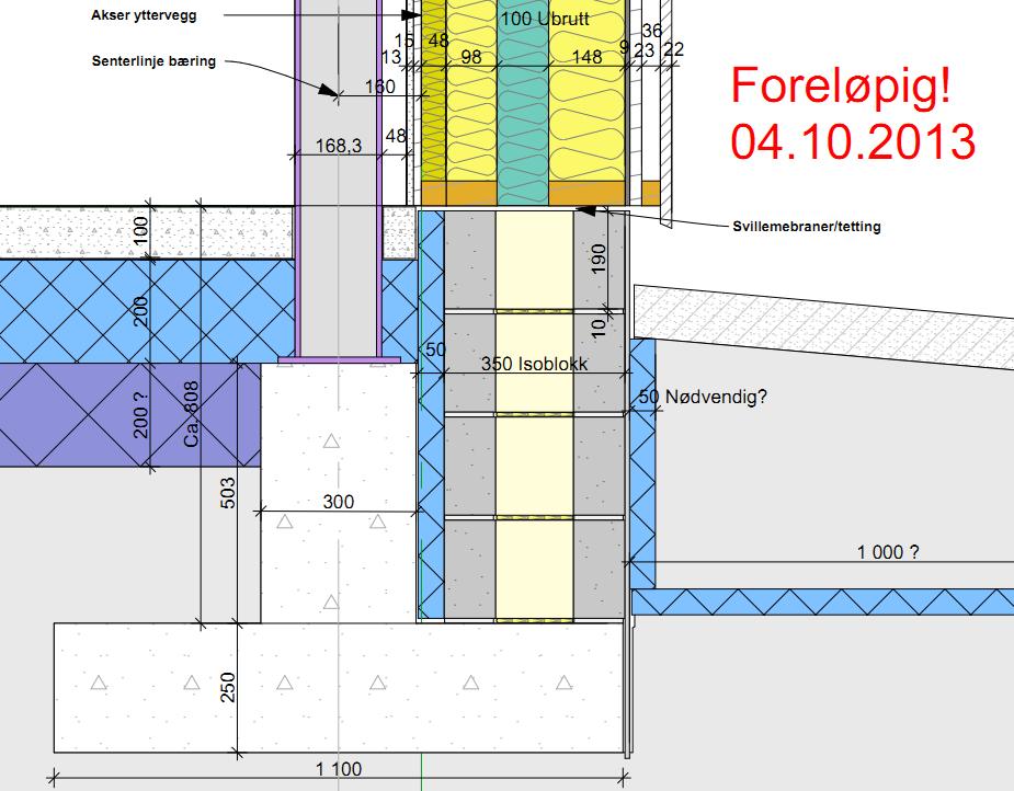 For kuldebroen i gesims gjelder det samme som for dekkeforkanten. For hjørner er det beregnet en foreløpig kuldebro for yttervegg med 400 mm isolasjon.