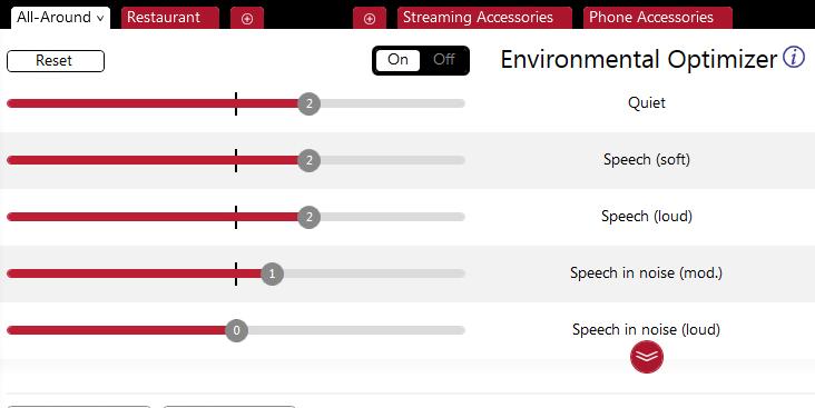 Environmental Optimizer Environmental Optimizer støtter spesifikke justeringer av gain og Noise Tracker II for syv ulike miljøer, slik at man sikrer at brukeren får optimale gain og