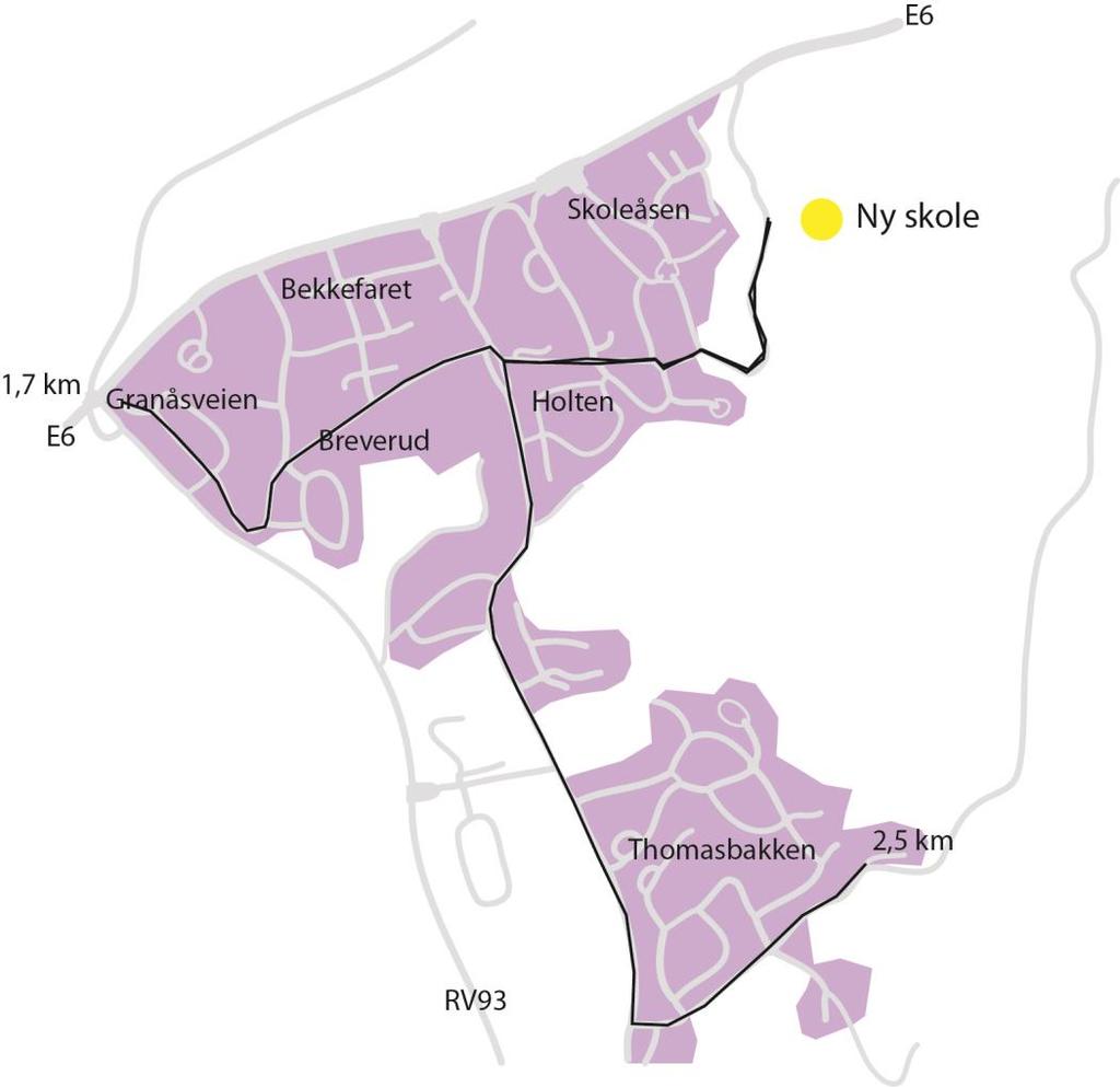 NY 4-PARALLELLERS 1-7 SKOLE PÅ PRESTEGÅRDSJORDA 6 2.4.1 Avstander for myke trafikanter Det er gjort målinger i kart langs eksisterende veitraseer.
