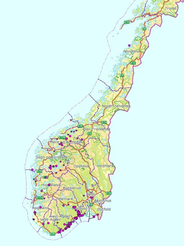 Side 14 av 24 husbukk. Et kart over den registrerte utbredelsen av husbukk er vist i figur 4. Heller ikke der er det angitt hvor høyt over havet funnene er gjort. Figur 4.