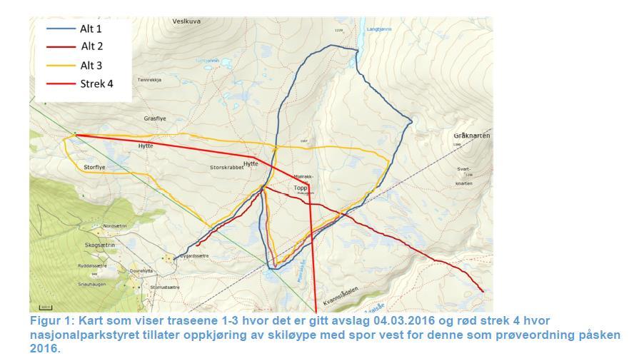 som ikke ble utprøvd pga. snømangel vinteren 2016 (jfr. kartutsnitt under). Velforeningen søkte etter dette om å kjøre opp denne prøvetraséen, og fikk tillatelse til å prøvedrift vinteren 2017.