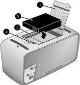 Rom for internt batteri 1 Deksel til batterirom: Åpne dette dekselet på undersiden av skriveren for å sette inn et HP Photosmart internt batteri (ekstrautstyr).