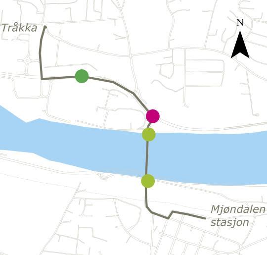 Strekning 1B: Vinnes/Travbanen Krokstadelva - Mjøndalen På store deler av strekningen er det høy bussbetjening jamfør illustrasjon på forrige side.