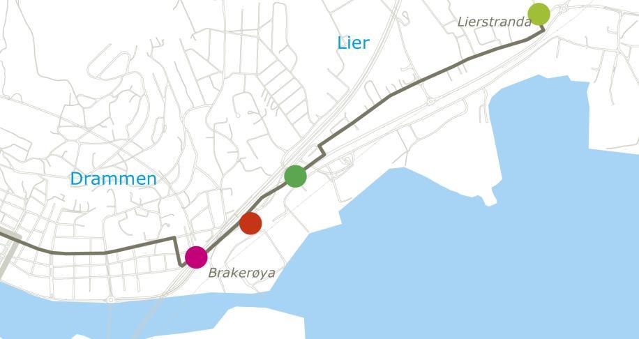 Bussene forsinkes gjennom Drammen sentrum, inn mot rundkjøringen på Brakerøya og langs Lierstranda.