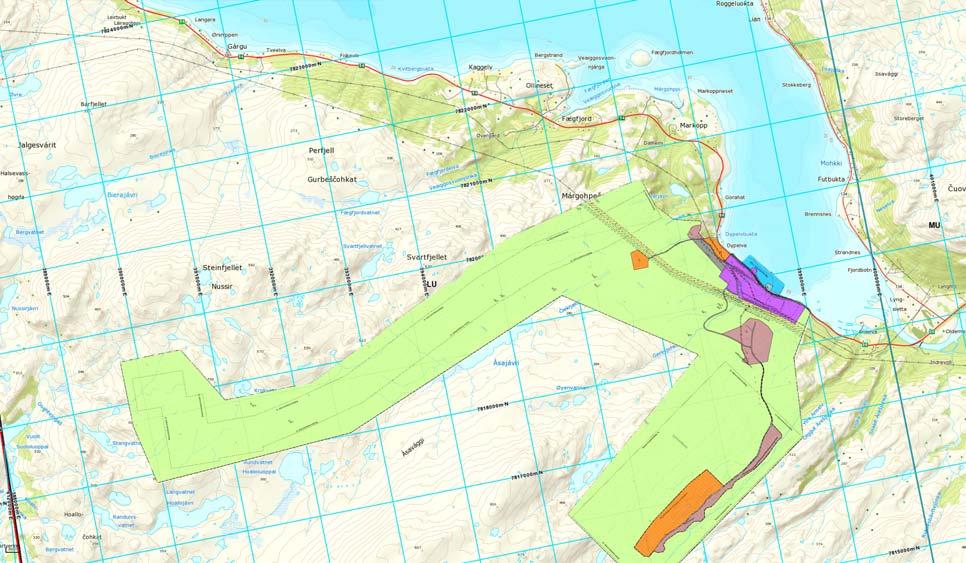 FIGUR 3 REGULERINGSPLANSOMRÅDET. HVER RUTE ER 1 X 1 KM. FIGUR 4 SAMME UTSNITT SOM OVER, MEN HER HVOR DET BLIR NOE ØKT AKTIVITET I DAGEN (MERKET RØDT).