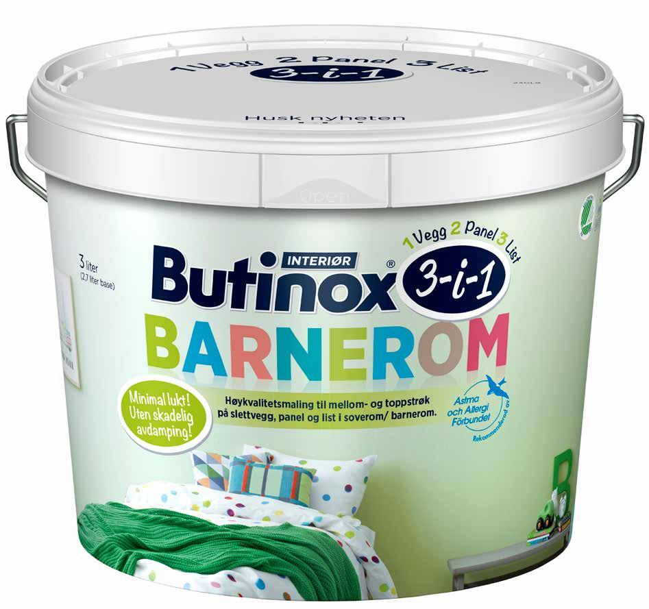 269 BUTINOX INTERIØR BARNEROM Er en inneklimavennlig, silkematt, løsemiddelfri akrylmaling med minimal lukt til innvendig bruk.