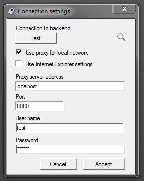 5.6 Tilkoblingsinnstillinger Ved å klikke på ikonet med den høyre musetasten og så på menyoppføringen "Connection settings" kan du vise tilkoblingsinnstillingene og konfigurere en proxy-server hvis