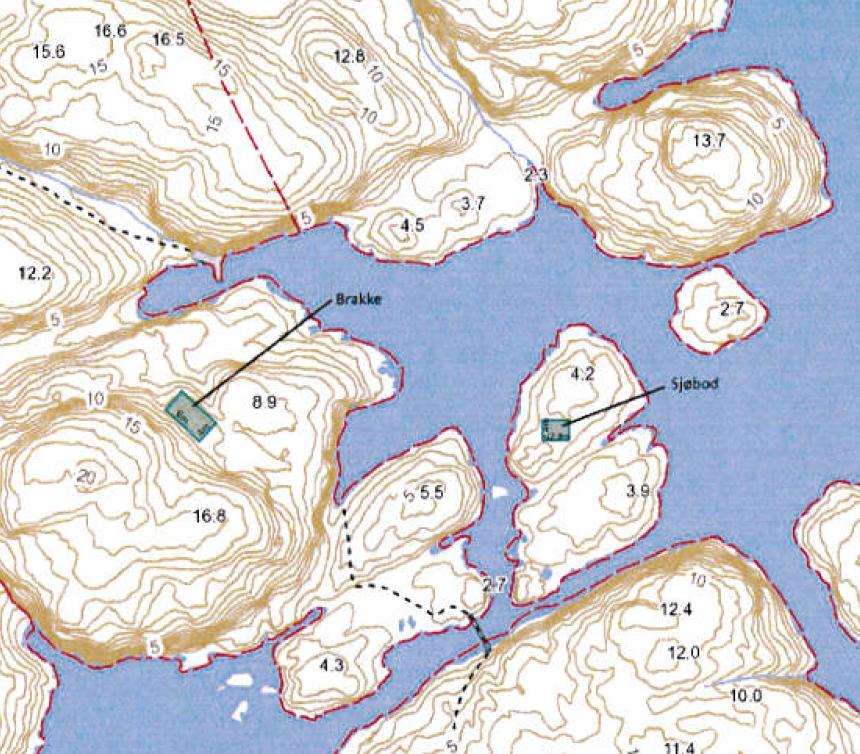 Sperring Figur 1: Omsøkt plassering av sjøbod på holme (tiltak nr.1), sperring av bukt (tiltak nr. 2) og brakke (utenfor nasjonalparken).