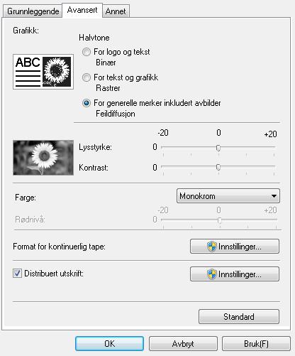 Andre funksjoner 3 Klikk fanen [Avansert], merk av i avkrysningsboksen for [Distribuert utskrift] og klikk på [Innstillinger].