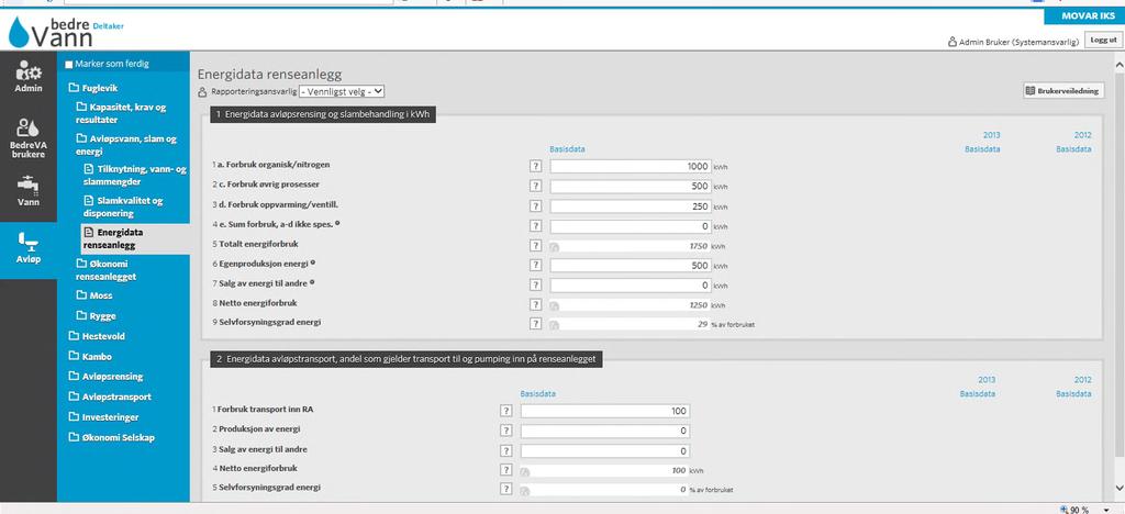 3. Energidata for renseanlegget Det siste skjema med data for renseanlegget gjelder energidata, forbruk, produksjon og salg av energi i kwh.