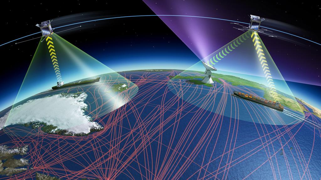 AIS-satellittene er et viktig bidrag til sjøsikkerheten. (Illustrasjon: ESA) kjemiske og fysiske egenskaper når de slippes ut i sjø, under arktiske forhold og under fastlandsforhold.