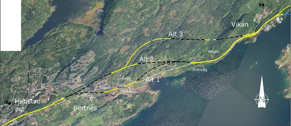 landskapsbilde for området der elvedalen ved Storelva krysses. Alt. 1 er noe dårligere enn de andre alternativene for tema naturressurser, noe som skyldes at det beslaglegger mer jordbruksarealer.