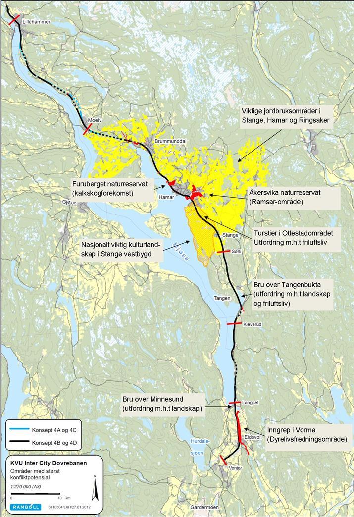 Miljøverdier konfliktpotensial Konsept 4A og 4B skiller lite i forhold til konfliktpotensial. Konfliktene er vurdert til størst for naturmiljø.