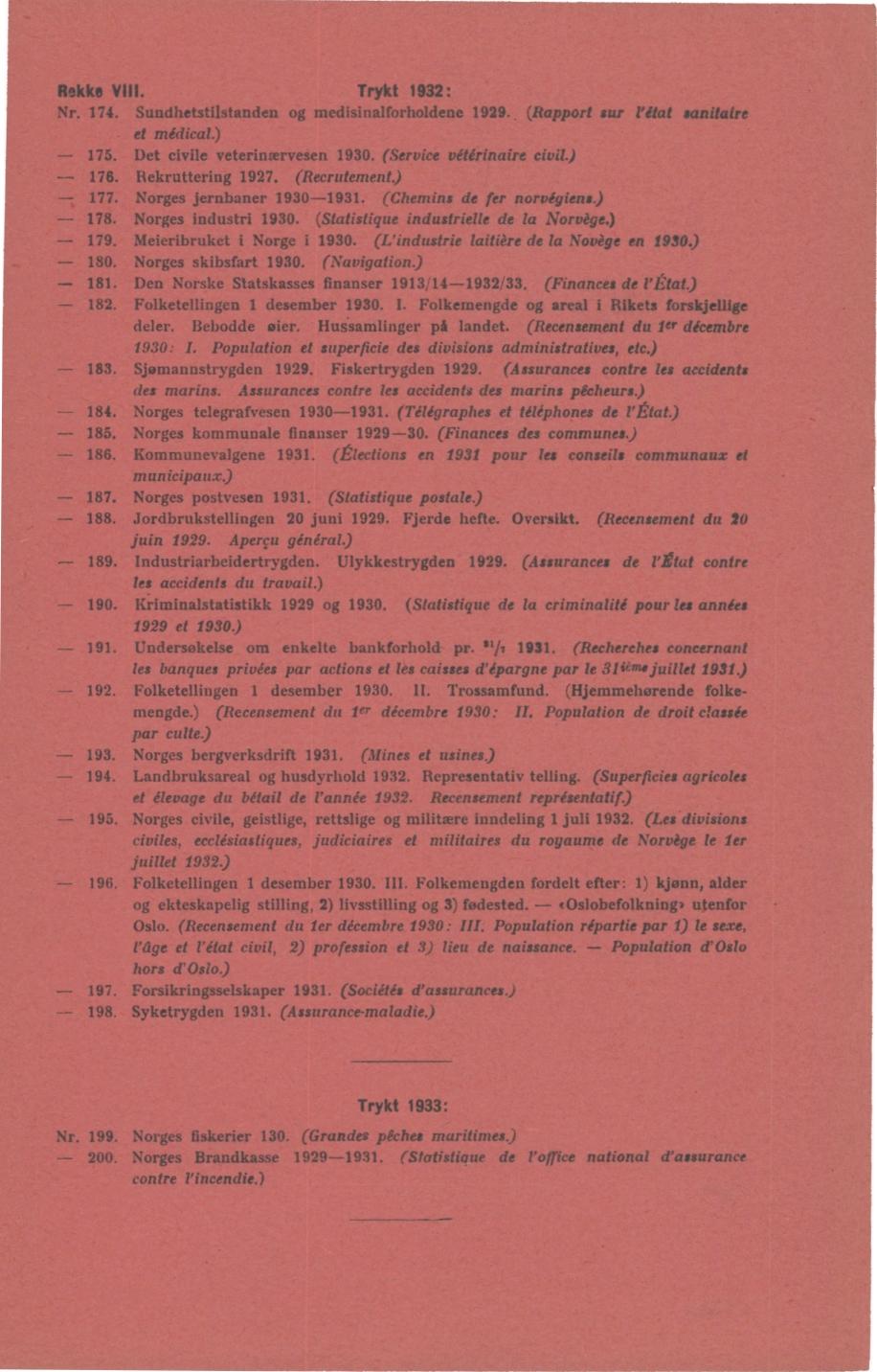 Rekke VIII. Trykt 9: Nr. 7. Sundhetstilstanden g medisinalfrhldene 99. (Rapprt sur l'état sanitaire et médical.) 7. Det civile veterinærvesen 9. (Service vétérinaire civil.) 76. Rekruttering 97.