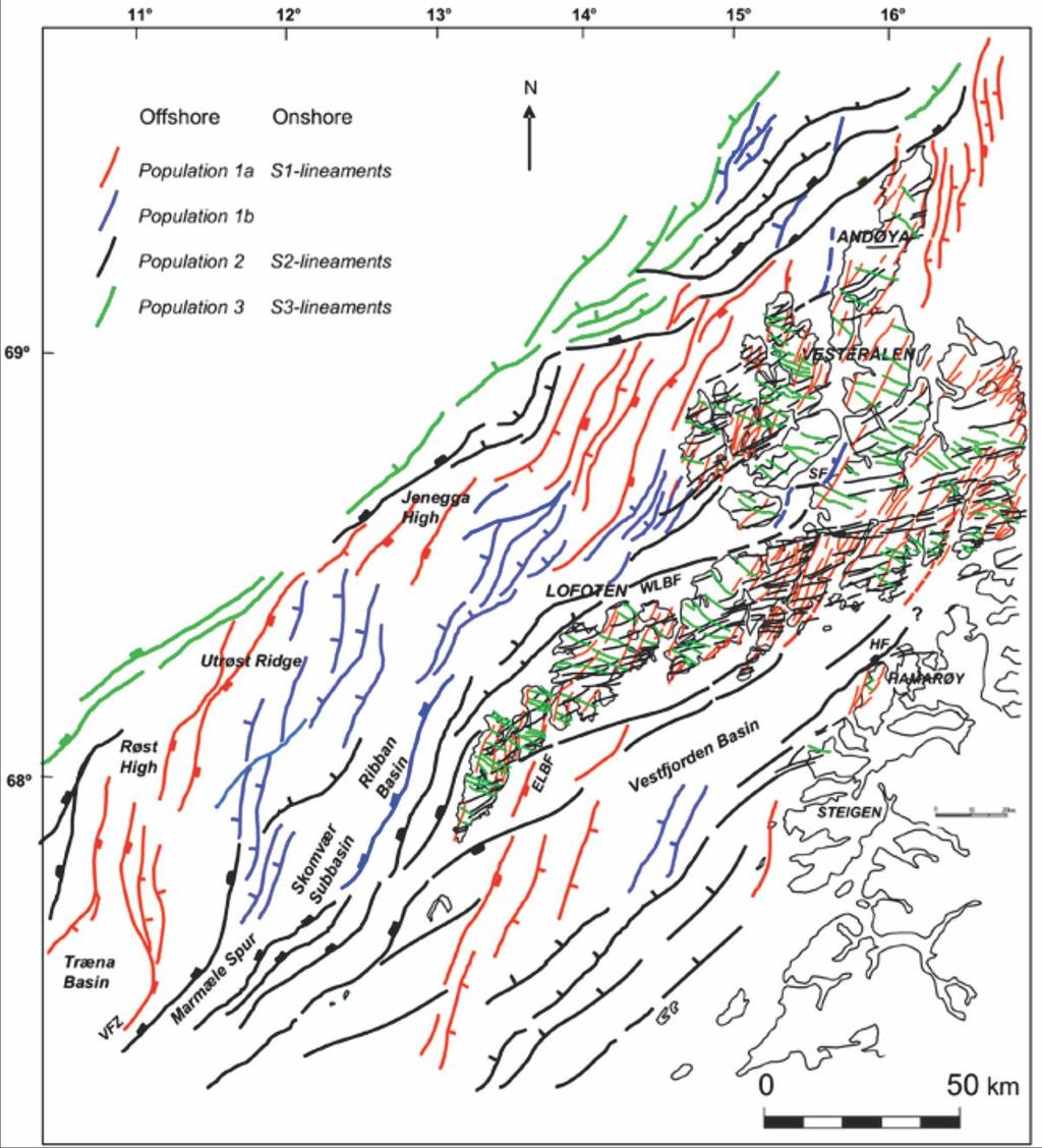 Figur 1.6 Kart over Lofoten & Vesterålen med forkastningspopulasjoner på sokkelen (1a-3) og tilsvarende lineamenter på land i regionen (S1-S3). Fra Bergh et al. (2007). Finnmark (Indrevær et al.