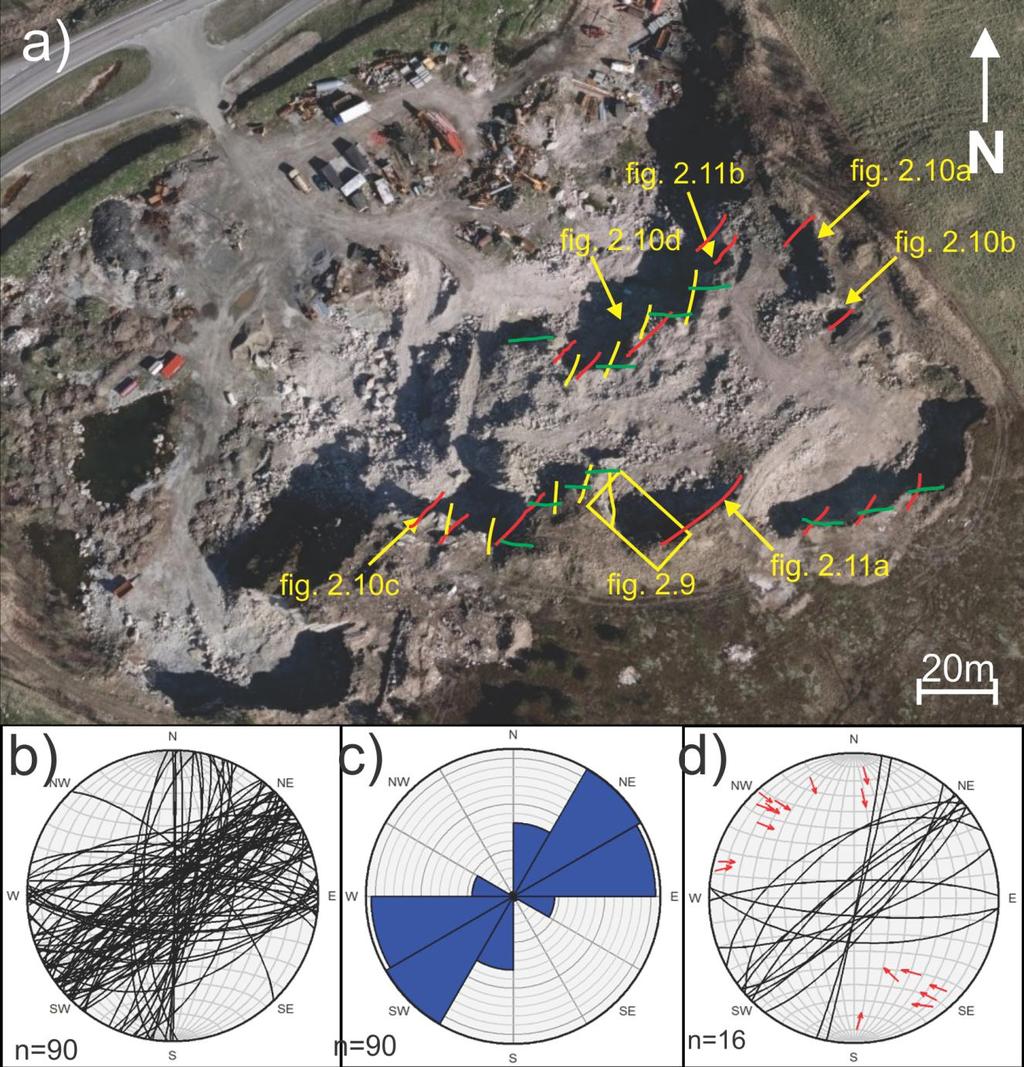 Figur 2.8 a) Flyfoto av steinbruddet ved Vian, Lokalisering anvist på figur 2.1. Bruddsett med (i) N-S til NNØ-SSV, (ii) NØ-SV til ØNØ-VSV og (iii) Ø-V strøk.